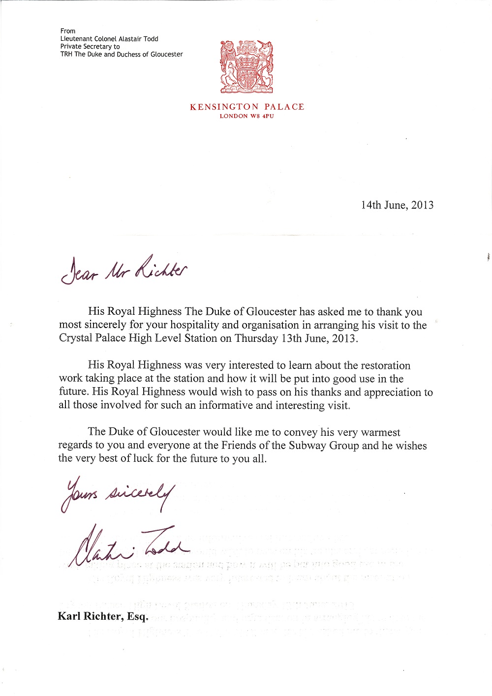 Letter Duke of Gloucester 14 June 2013